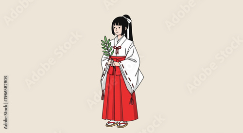 Miko Shrine Maiden in Traditional Japanese Kimono Holding Green Branch