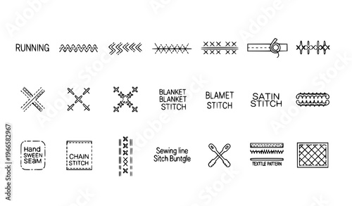 Minimal sewing machine stitch icons vector set with zigzag embroidery seams and decorative patterns