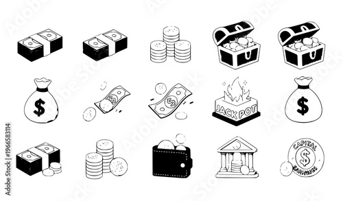 3D cartoon money vector set with dollar bills gold coins treasure chest and earnings icons