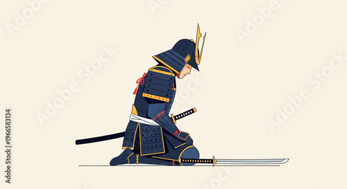 Samurai warrior kneeling with sword, traditional Japanese armor