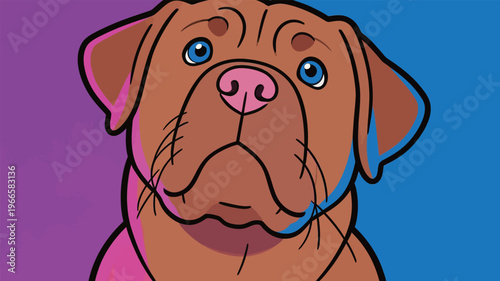 Cartoon drawing of a dog with blue eyes on a colorful background