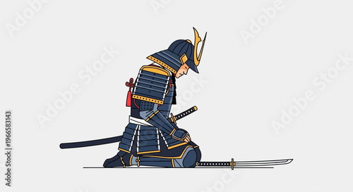 Samurai Warrior Kneeling with Swords, Traditional Armor