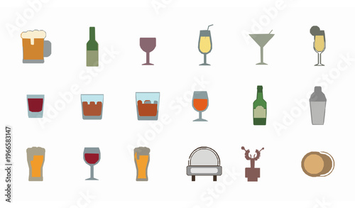 Flat alcohol beverage icons vector set with beer wine cocktails glasses bottles and pub symbols