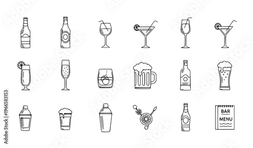 Alcohol drinks line icon vector set with beer wine cocktails bottles and pub menu symbols