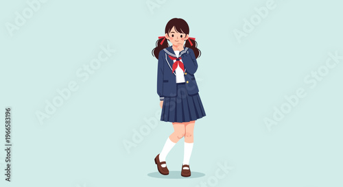 Shy anime schoolgirl with pigtails and uniform posing against light blue background