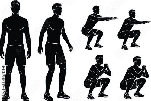 Black silhouette set of athletic man performing squats, standing in gym wear, exercising and demonstrating proper workout form for fitness training on white background