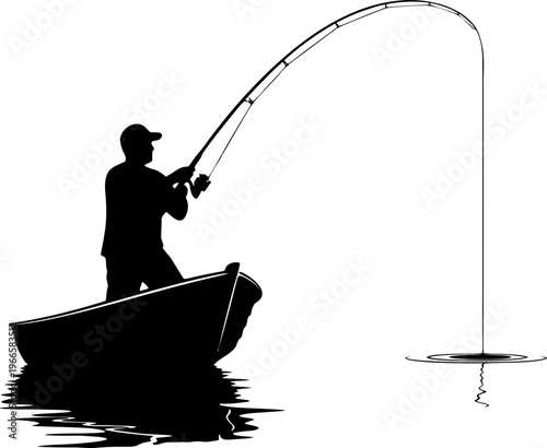 Silhouette of a fisherman on a boat with a reflection on water