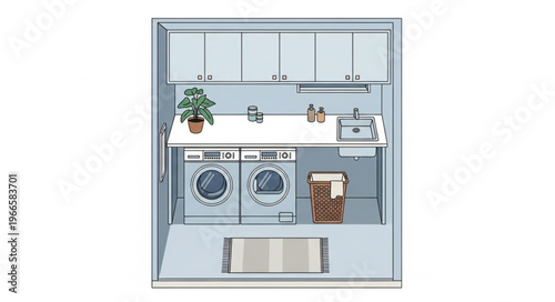 Laundry Room with Washer, Dryer, and Storage Cabinets.