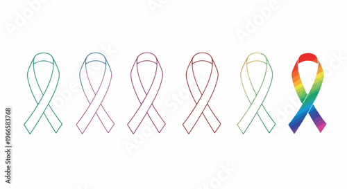 Set of 6 Outline Awareness Ribbons with One Rainbow Ribbon Vector