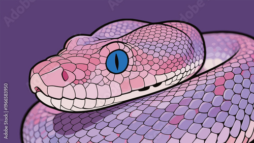 Colorful snake twists around with bright scales and distinct blue eyes in close view on a purple background