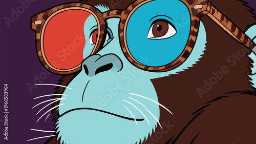 Monkey wearing sunglasses looks directly at the viewer with a blue and orange background in a bright digital art setting