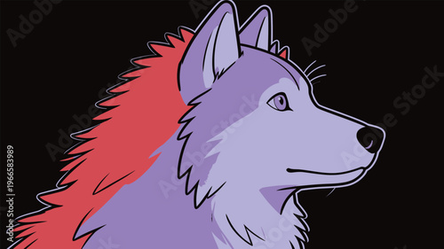 Cartoon wolf with purple fur and red mane looking to the side in a simple graphic style