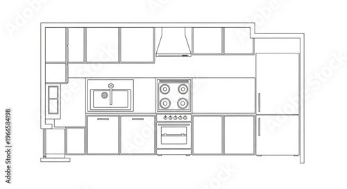 Detailed Kitchen Floor Plan with Appliances and Cabinets.