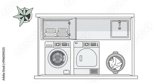 Laundry Room with Washer, Dryer, Sink, and Storage in Line Art.