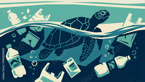 A graphic illustration captures a majestic sea turtle swimming gracefully through a dangerously polluted ocean, surrounded by an abundance of discarded plastic bottles, bags, and various harmful