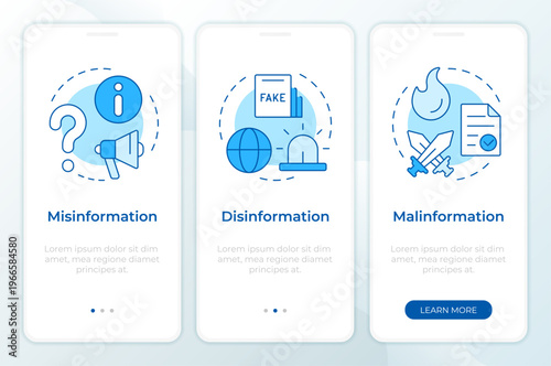 Information environment disorder blue onboarding mobile app screen. Walkthrough 3 steps editable graphic instructions with linear concepts. UI, UX, GUI. Montserrat SemiBold, Regular fonts used
