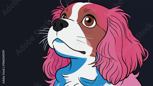 Dog with pink fur looks up, showing playful expression in digital art style at night setting