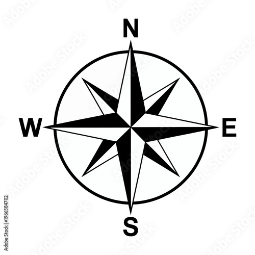 Vector compass rose pointing to the cardinal directions north, east, south, and west
