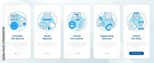 Information source analysis blue onboarding mobile app screen. Walkthrough 5 steps editable graphic instructions with linear concepts. UI, UX, GUI. Montserrat SemiBold, Regular fonts used