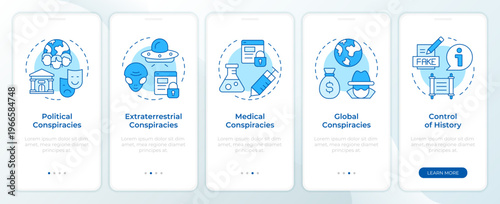 Conspiracy theory categories blue onboarding mobile app screen. Walkthrough 5 steps editable graphic instructions with linear concepts. UI, UX, GUI. Montserrat SemiBold, Regular fonts used