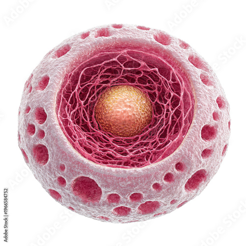 Abstract cell structure with nucleus and isolated on transparent background