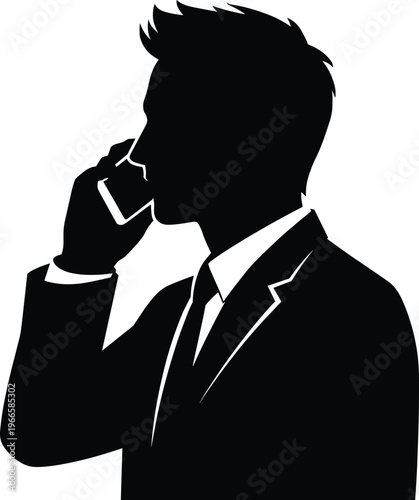 Businessman talking on smartphone silhouette in formal suit isolated on white background representing communication corporate professional conversation mobile technology concept vector illustration