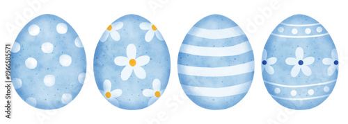 Collection of four light blue Easter eggs with charming hand-drawn white patterns including daisies, polka dots, and stripes. Fresh pastel watercolor-style egg set isolated on white background.