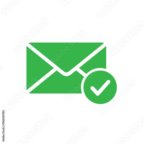 Green envelope icon with a white checkmark signifies successful email delivery or confirmation on a white background.