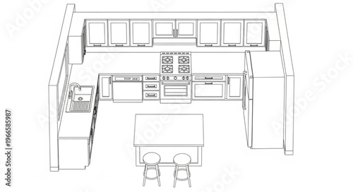 Overhead View of a Kitchen Layout with Island.