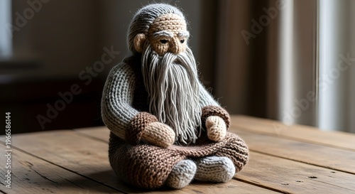 Crocheted Wise Old Man Sitting in Meditation Pose with Long Gray Beard