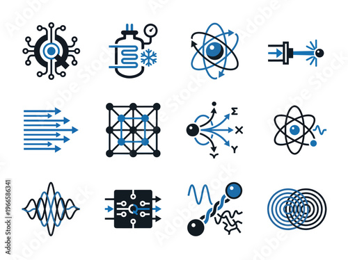 Twelve quantum computing icons in clean arrangement
