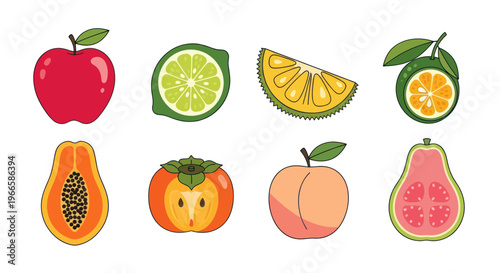 Vibrant fruit assortment apple lime orange papaya persimmon peach guava vector