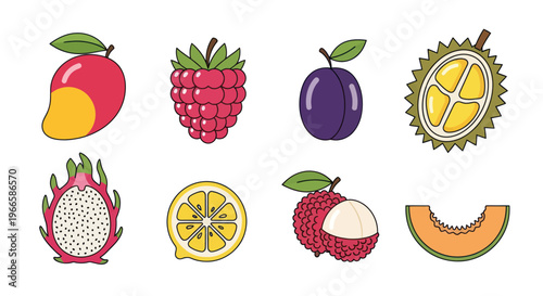 Vibrant illustrated fruits collection mango raspberry plum dragonfruit lychee lemon