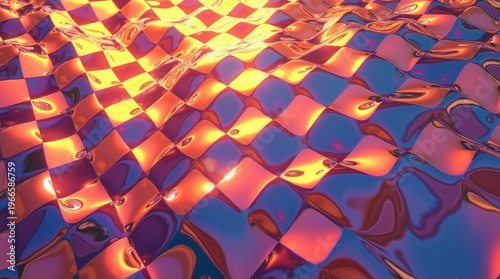 Wavy Checkerboard Surface With Warm Glow abstract metallic