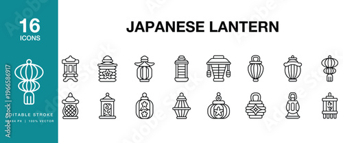 Japanese Lantern icon set. Includes lantern, japanese, japan, paper, light and More. Editable Stroke Icon Collection.