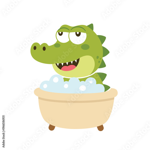 Cute Crocodile was soaking in the bathtub in a simple children style vector illustration