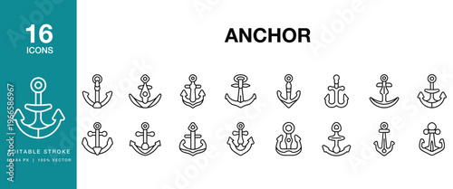 Anchor icon set. Includes anchor, ship, maritime, nautical, sea, ocean and More. Editable Stroke Icon Collection.