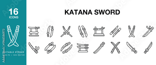Katana Sword icon set. Includes katana, sword, japanese, samurai, blade, weapon and More. Editable Stroke Icon Collection.