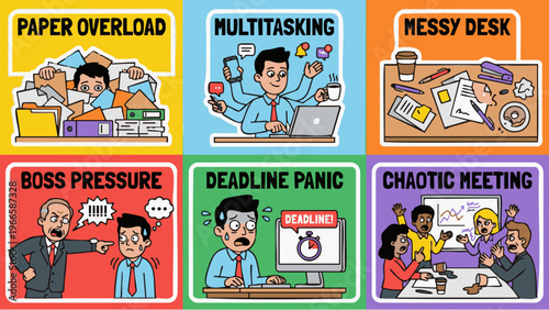 Corporate chaos cartoon sticker set vector flat style featuring paper overload multitasking messy desk boss pressure deadline panic and chaotic meeting with bold outlines for office stress concepts