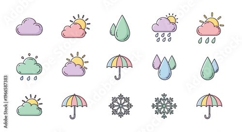 Weather icons set illustrating sun rain clouds umbrella and snowflake