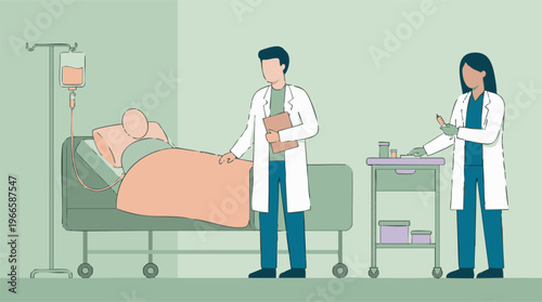 Healthcare professionals tending to an ill patient in a hospital setting