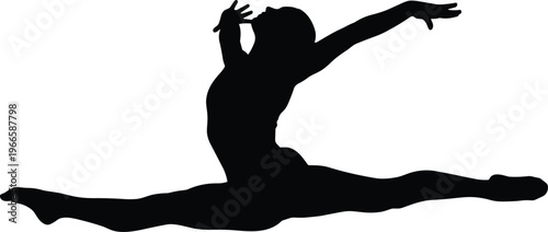 Female dancer silhouette performing split leap graceful movement flexibility and artistic expression in dance performance black and white vector illustration
