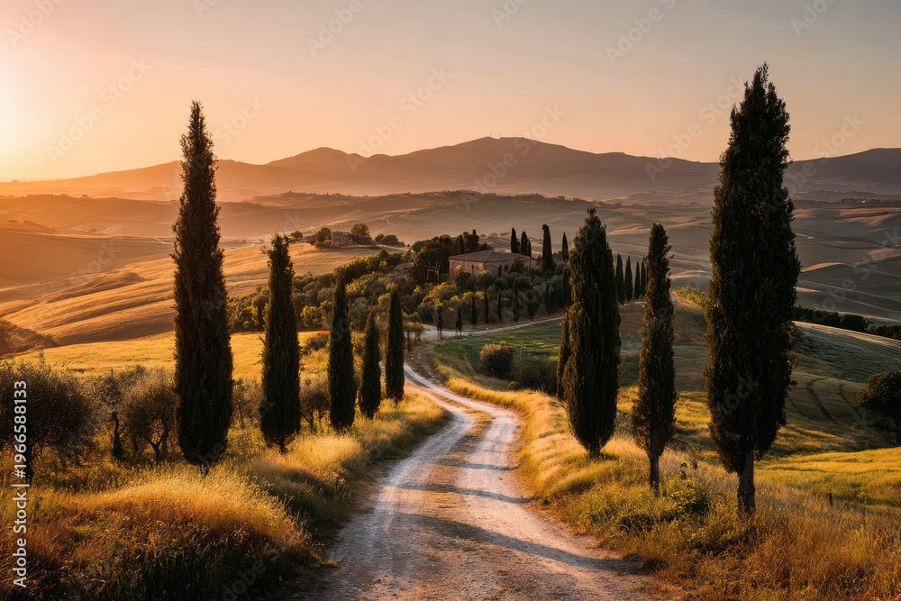 Fototapeta premium Winding rural road through rolling hills, lined with cypress trees at sunset