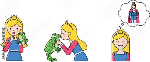 Cute Princess and Frog Fairytale Transformation Story Illustration Set with Magical Kiss Scene Royal Character Cartoon Collection Design