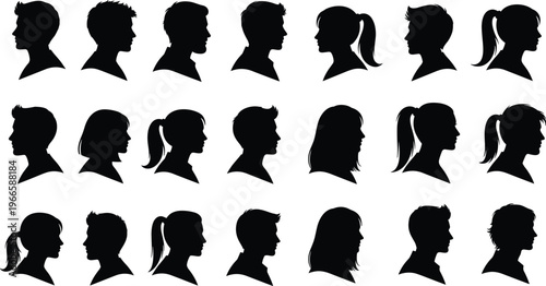 Set of diverse human head profile silhouettes featuring men and women with various hairstyles and haircuts for beauty salon hair care and identity representation.