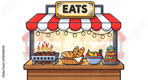 Colorful Food Stall Illustration with Various Delicious Treats.
