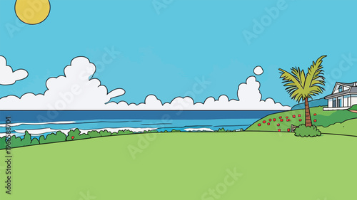 Sunny beach scene with ocean waves, green grass, and a house near the shore on a bright day