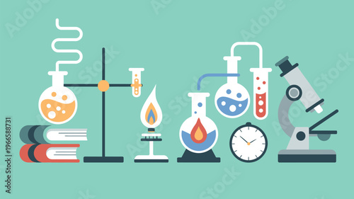 Laboratory science tools illustration pack, equipment for experiments and research on green background for chemistry, biology, scientific study, education, and research design applications.