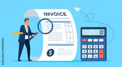 A professional businessman meticulously inspects a massive paper invoice using a large magnifying glass beside a standard calculator and a flying paper airplane against a bright blue studio background