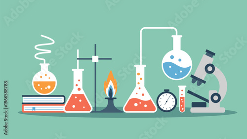 Laboratory science tools illustration pack, equipment for experiments and research on green background for chemistry, biology, scientific study, education, and research design applications.